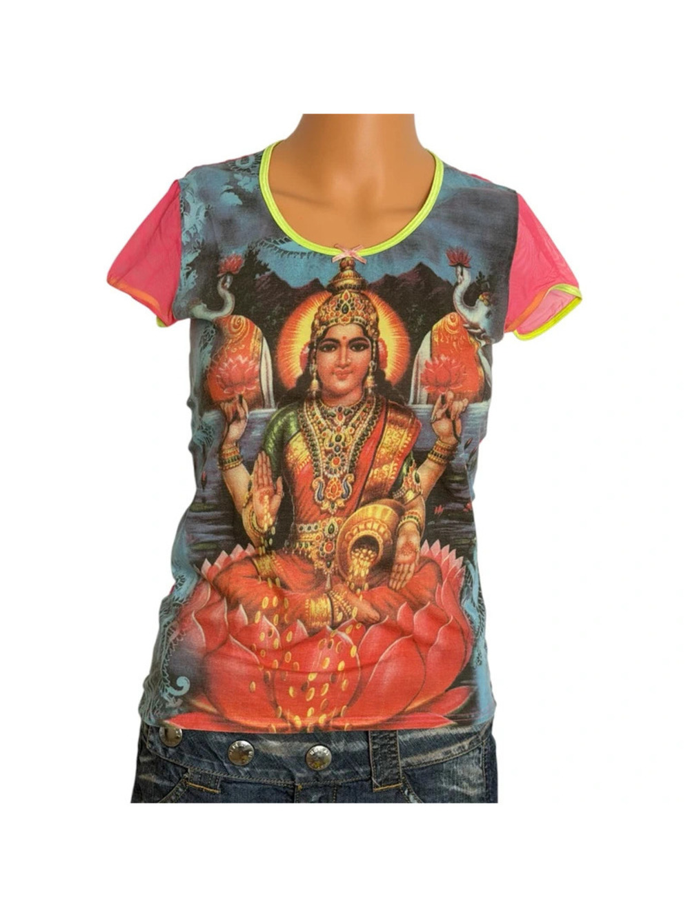 Vintage 90s Roberto Cavalli Lakshmi Goddess Mesh Top Hindu Elephant Print